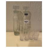 COLONY VINEGAR AND OIL BOTTLES AND SHOT GLASSES