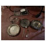 TWO SILVER PLATE SERVING TRAYS, GLASS SILVER RIM