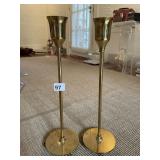 TWO BRASS CANDLE HOLDERS 16.5 INCHES HIGH THREE