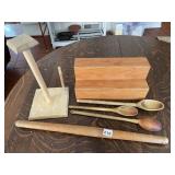 WOODEN SPOONS IN TIERED SPICE RACK, PAPER TOWEL