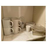 WHITE MUGS, BASKET, GLASS DISH