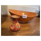 BAMBOO BOWL, HAND PAINTED FACE HAS CHIP ON EDGE