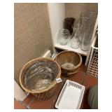 WASTE BASKETS, GLASS VASES