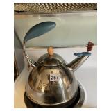 BLUE HANDLED WHISTLING TEAPOT STAINLESS STEEL