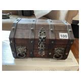 WOOD JEWELRY CHEST W/ LIONS HEADS