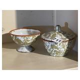 ENAMELED PEDESTAL DISH AND COVERED SUGAR