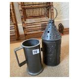 PIERCED TIN LANTER AND PEWTER TANKERT