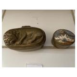 HANDWROUGHT LION BOX AND ROUND BRASS BOX