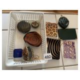 LEATHER HOLTON CARD HOLDER, SHELL TRINKET BOXES,