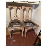 TWO WOOD FRAME CHAIRS CARVED BACKS NO SEATS SEE