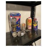 THREE GLASS DOORKNOBS, USED DOOR HANDLE, WD40