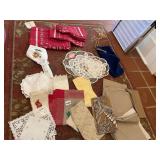 RED/WHITE TABLECLOTH SET, FANCY DOLLIES, ETC.