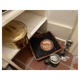 STEINS, BASKET, GOLD COVERED CASSEROLE HAS CHIP