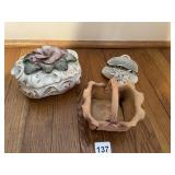POTTERY BASKET, PORCELAIN BIN AND COVERED ROSE