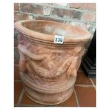 POTTERY PLANTER ON PEDESTAL WITH DANCING CHERUBS,