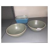 PYREX GLASS LOAF PAN W/ LID AND 2 GIBSON BOWLS