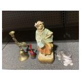 BRASS BELL, CHALK FIGURINE CHIPPED, ETC.