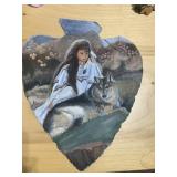 PAINTING OF LADY & WOLF ON SLATE IN SHAPE OF