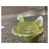URANIUM GLASS MINI NESTING HEN, MARKED M INSIDE,
