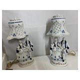PORCELAIN LAMP W/ COUPLES IN VICTORIAN TIMES -