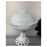 WHITE MILK GLASS COMPOTE W/ LID