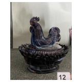 PURPLE SLAG GLASS COVERED CANDY ROOSTER DISH BY
