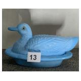 WESTMORELAND BLUE MILK GLASS DUCK ON NEST DISH
