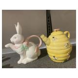 HONEYCOMB & RABBIT TEA POTS, HAIRLINE CRACK IN