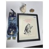 KLIBAN CARD IN FRAME, CAT FIGURINES, BEAN BAG CAT