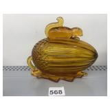 SMITH GLASS AMBER NUT DISH W/ SQUIRREL ON TOP