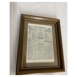 NEW YORK TIMES FRAMED 9 X 7