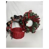 CHRISTMAS WREATH AND LARGE RED BASKET WITH