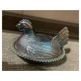 BLUE IRIDESCENT GLASS NESTING HEN