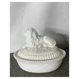 KEMPLE NESTING LION COVERED MILK GLASS DISH
