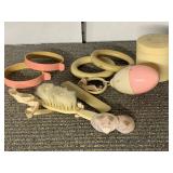 ANTIQUE CELLULOID BABY RINGS, HAIRBRUSH, COVERED