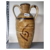 13" GLAZED POTTERY DOUBLE HANDLED VASE W/ DESIGN