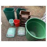 BROWN STACKING ORGANIZERS, TWO WASTE CANS WITH