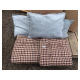 THREE BLUE ACCENT PILLOWS AND TWO PLAID CUSHIONS