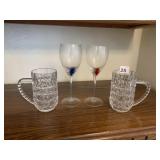 PAIR OF CHAMPAGNE GLASSES & PAIR OF BEER MUGS