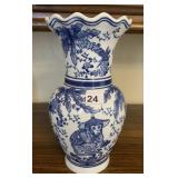 BLUE & WHITE ASIAN VASE WITH MONKEY DESIGN