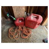 WALKING STICK, EMPTY GAS CANS AND EXTENSION CORD
