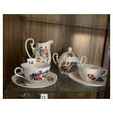 HAND PAINTED SUGAR, CREAMER, TEACUPS & SAUCERS
