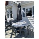 PLASTIC ARM CHARIS AND ROUND TABLE WITH UMBRELLA
