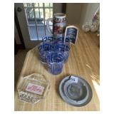 VINTAGE ASH TRAYS AND BLUE GLASSES WITH SANT MUG