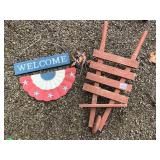 WOOD ROLLING CART, WELCOME TIN SIGN WITH FLAG