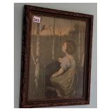 GIRL KNEELING ON BENCH WITH BIRD