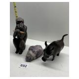 WOOD CARVED MONKEY, PURPLE AMYTHEST, BLACK