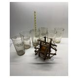 GLASS BALL W/ WOOD FRAME AND 6 BEER GLASSES