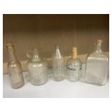 5 VINTAGE BOTTLES INC PYREX, ONE PINT JUG, ETC.
