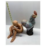CLAY FIGURE AND PORCELAIN ROOSTER COLORFUL